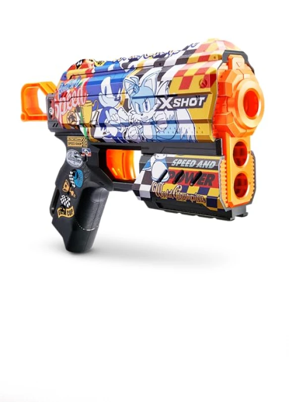 1_Pistola XSHOT Skins con dardos de tecnología air pocket y Sonic the Hedgehog.