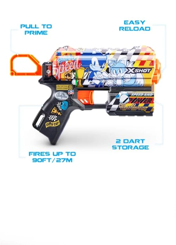 2_Pistola XSHOT Skins con dardos de tecnología air pocket y Sonic the Hedgehog.
